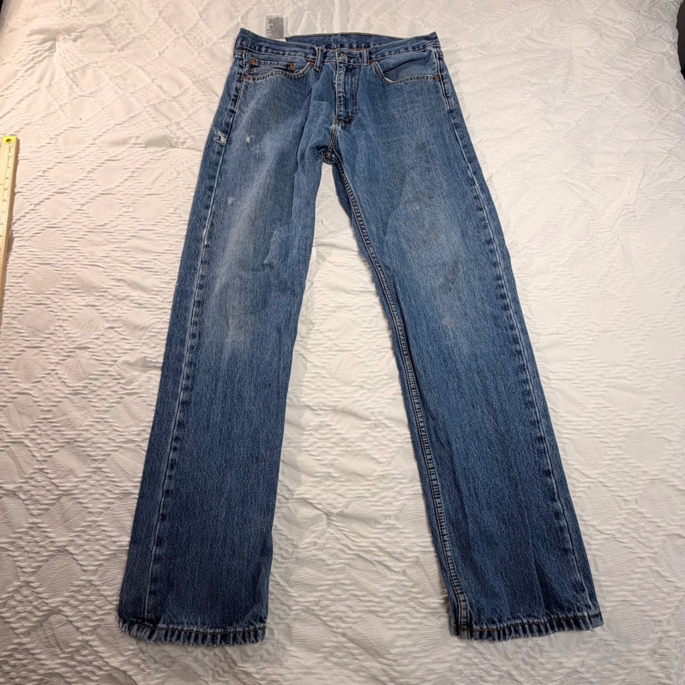 Levis 505 Regular Fit Straight Leg Jeans Mens 36x34 Blue Denim Distressed